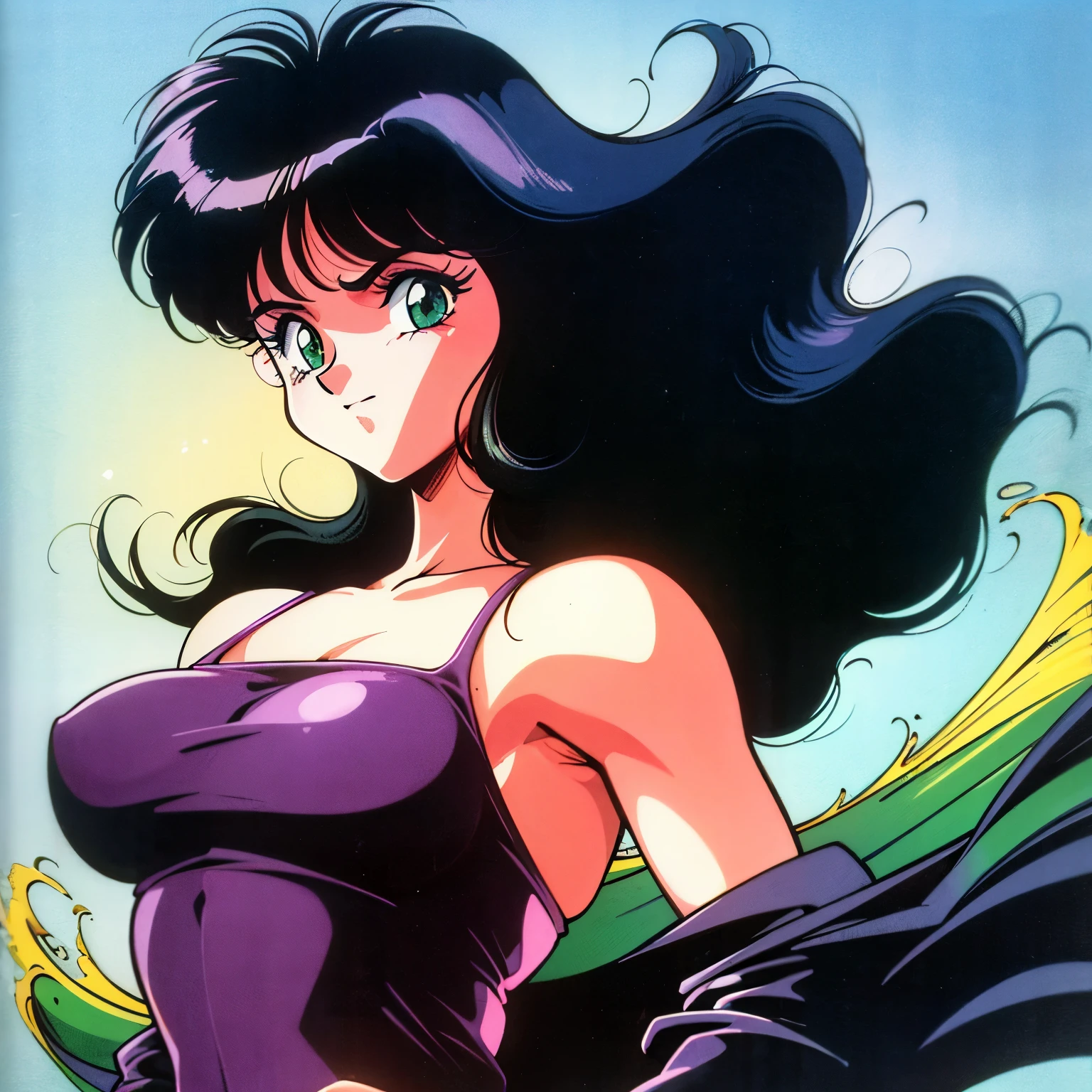 1990s (style), 1980s (style), retro artstyle, a girl, long black hair, green eyes, mean face, wavy hair, fit body, black jacket with white top, best quality, masterpiece