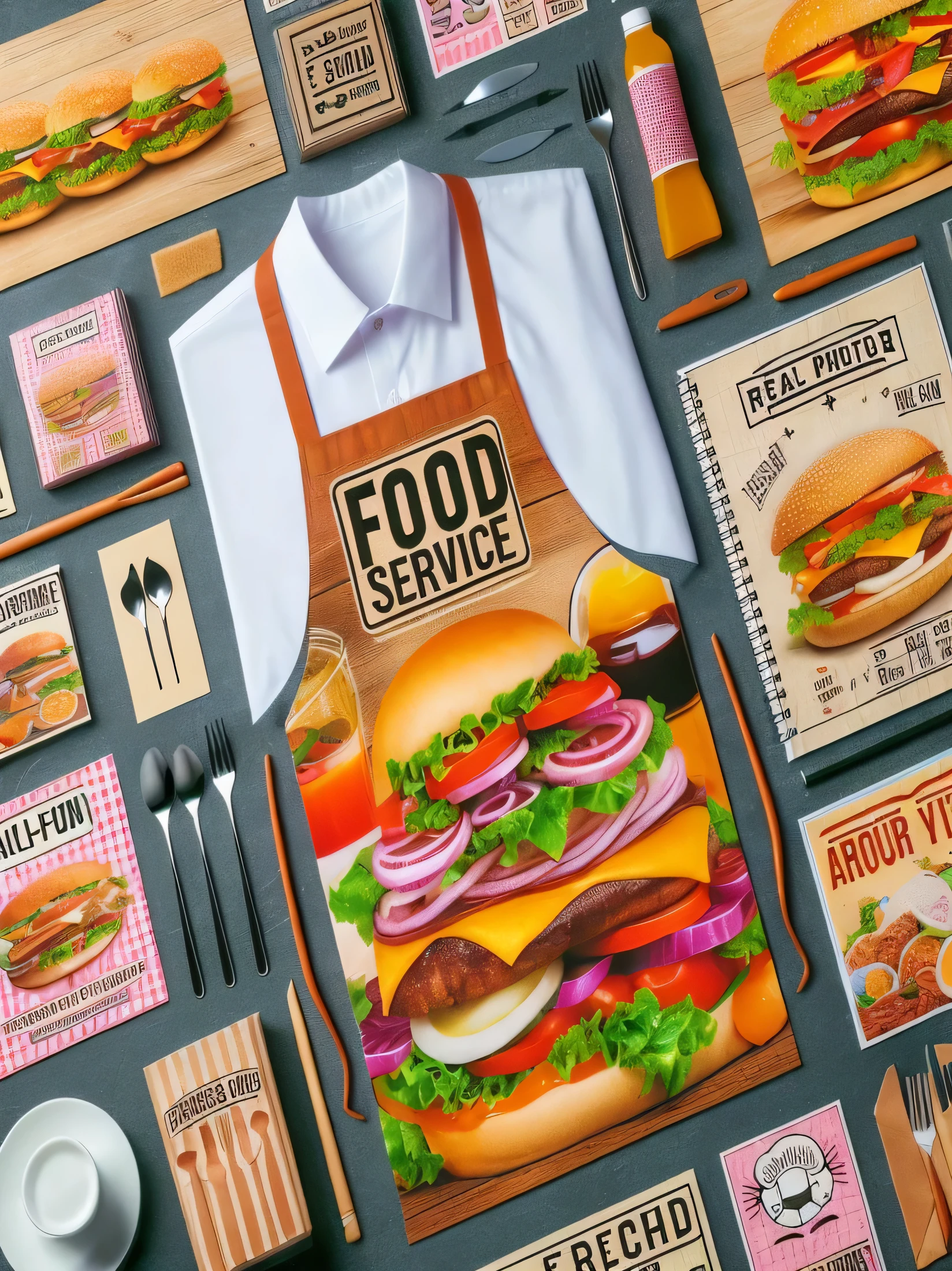Material impresso para food service. Fotos reais. Aventais, business cards, embroidered caps, folder, menu, poster, embalagens, comandas.