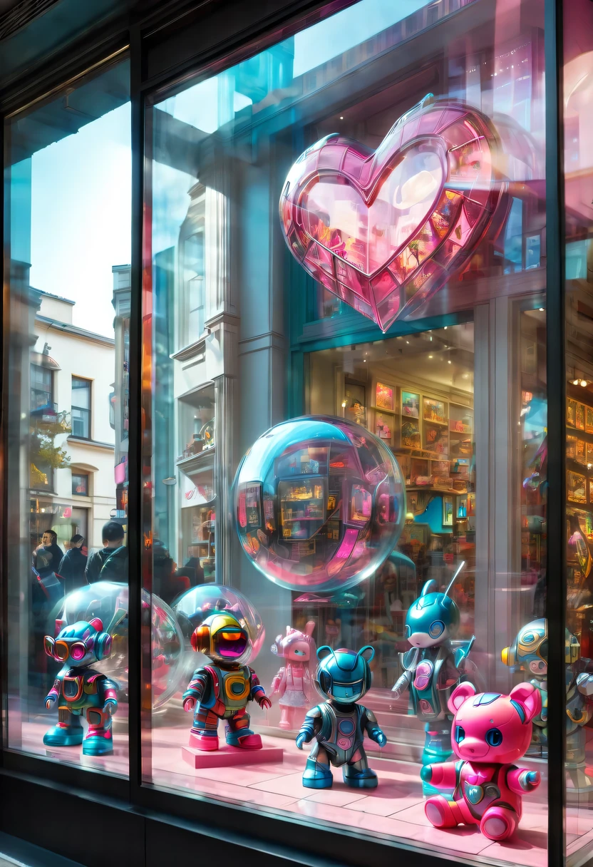 (looking from the outside,Look down the street,through glass:1.5),hyper detailed masterpiece, Dynamic, good quality,toy store window设计,cyberpunk design,Toys poster on glass pink heart, (toy store window:1.5),魔法toy store window,beautiful design,Nice decoration,display toys,looking from the outside,