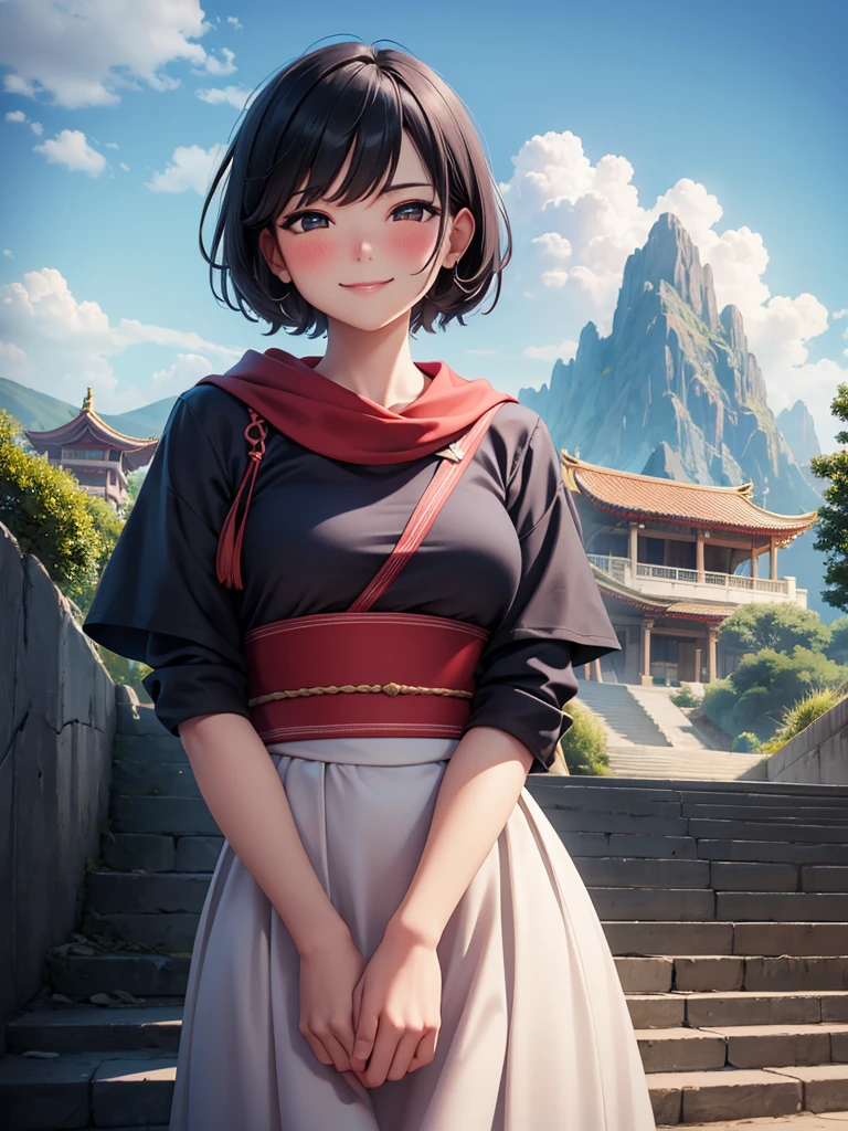 keqingdef, upper body, smile, blush, outdoors, day, simple background, blue sky, short hair, sky, temple, looking at viewer, stairs, mountain, moody lighting, facing viewer,