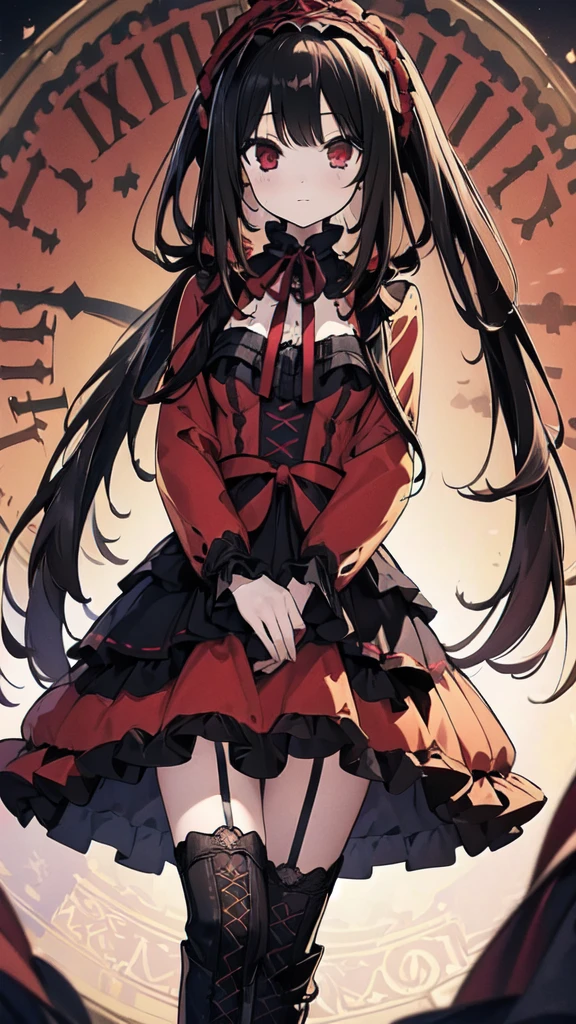 ((masterpiece, best quality, ultra detailed)), depth of field, (beautiful detailed eyes, pretty face, detailed face), 1girl( standing elegantly, different red left eye and golden right eye, long hair, twin-tails, black hair, red and black Lolita dress, long black boots, black stockings, black garter belt), clock mechanics background