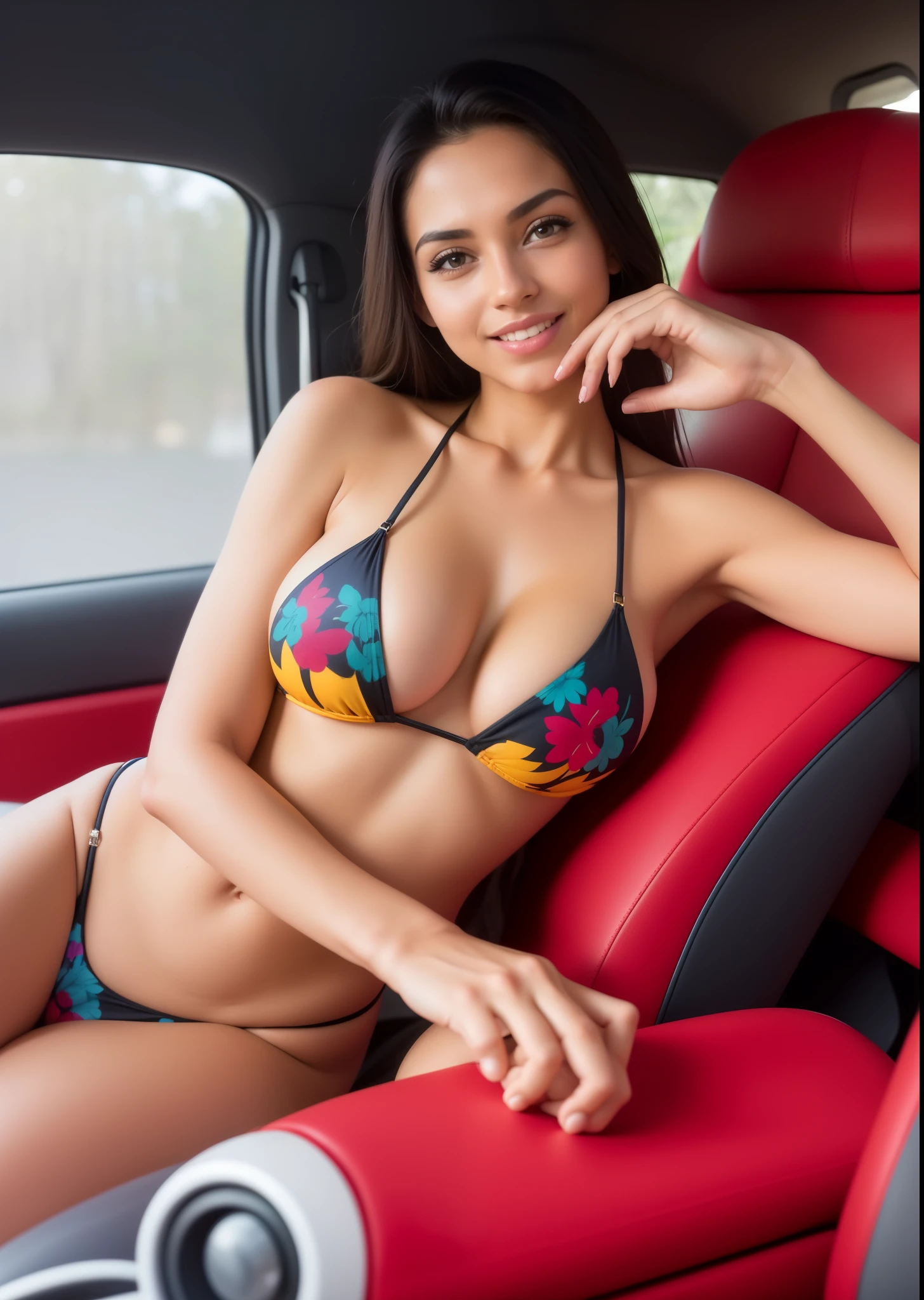 araffe woman in a bikini sitting in a car with a phone, beautiful bikini model, modelo goddesikini de fogo quente, sexy , muito sexy, sorriso louco e sedutor, modelo do instagram, , she is in my bed in a bikini, linda mulher, gigante do fogo quente, metallic bikini, sexy, linda mulher jade tailor, cute bikini