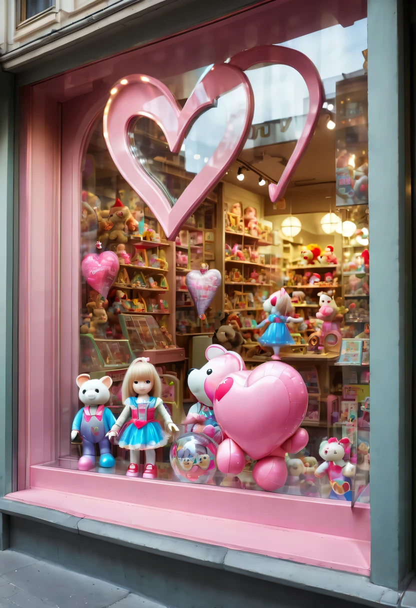 (looking from the outside,on the street看,through glass:1.5),hyper detailed masterpiece, Dynamic, good quality,big pink heart, (toy store window:1.5),魔法toy store window,beautiful design,Nice decoration,display toys,looking from the outside,on the street