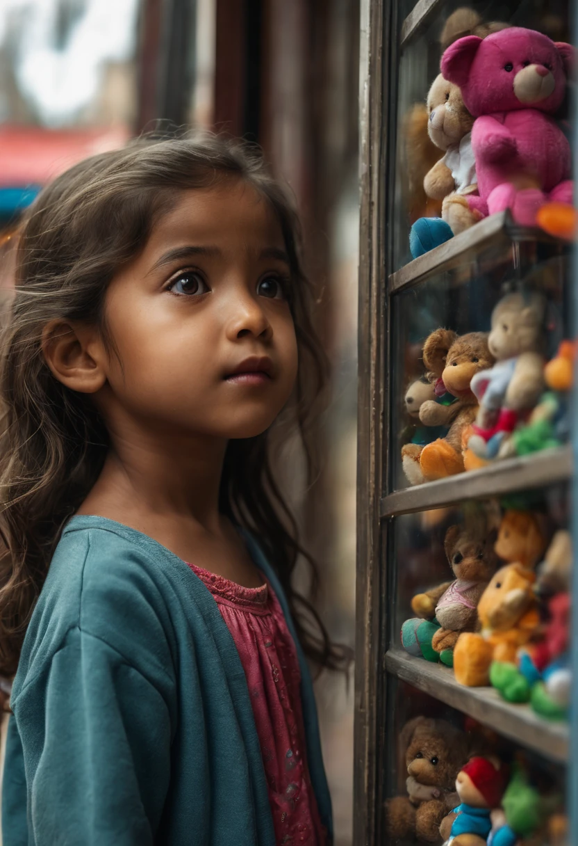 (best quality,highres:1.2),ultra-detailed,realistic:1.37,a young poor girl,standing outside a toy shop,looking at the windows,curiosity in her eyes,hopeful expression,longing for a toy,gently touching the glass,dirty and worn-out clothes,wind blowing through her hair,sadness mixed with determination,loneliness in her posture,the colorful and lively toys inside,reflecting in her eyes,poverty contrasted with abundance,humility and innocence in her face,street lights casting a warm glow.