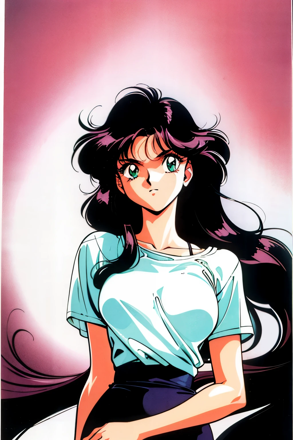 1990s (style), 1980s (style), retro artstyle, a girl, long black hair, green eyes, mean face, wavy hair, fit body, white top, best quality, masterpiece.