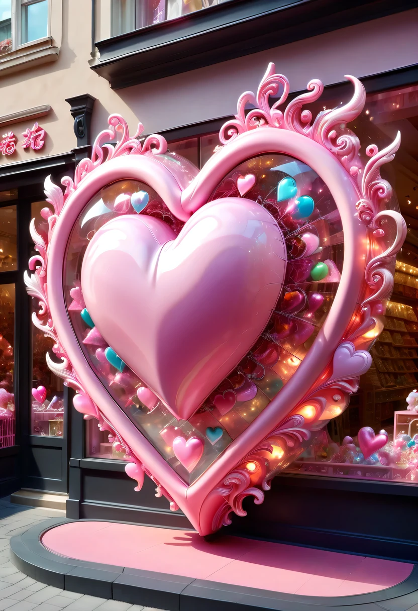 "魔法toy store window, detailed masterpiece, Dynamic, best quality, big pink heart, toy store window, Magic toy store display, beautiful design, Beautifully decorated, looking from the outside, Seen through the glass from the street"