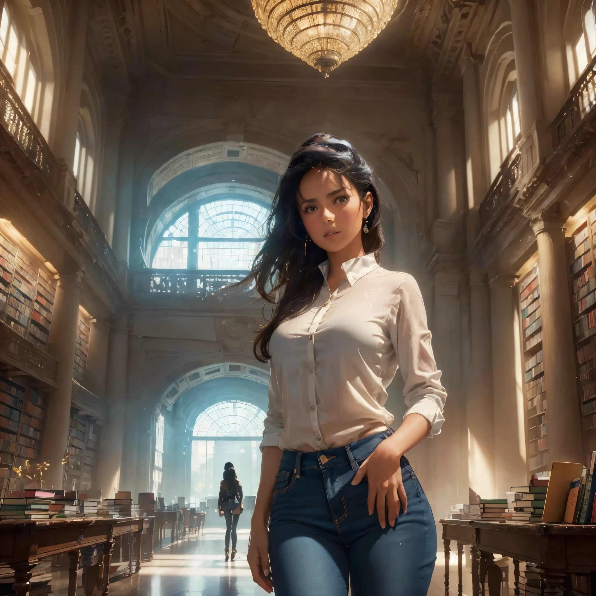 (best quality,4k,8k,highres,masterpiece:1.2),ultra-detailed, giant futuristic library with thousands of books. Sexy mexican female college student in the center of the Library looking over her shoulder at the viewer, stylish jeans, stylish blouse, salma hayek, HDR, 8k, absurdres, cinestill 800, sharp focus