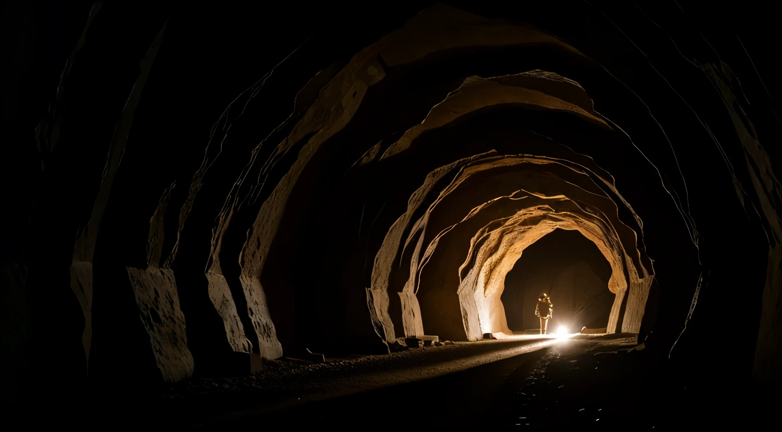 passage in a cave, mine tunnel. cinematic light, 4k hdr, lens 28mm