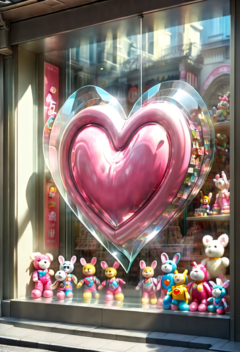 (looking from the outside,on the street看,through glass:1.5),hyper detailed masterpiece, Dynamic, good quality,big pink heart, (toy store window:1.5),魔法toy store window,beautiful design,Nice decoration,display toys,looking from the outside,on the street