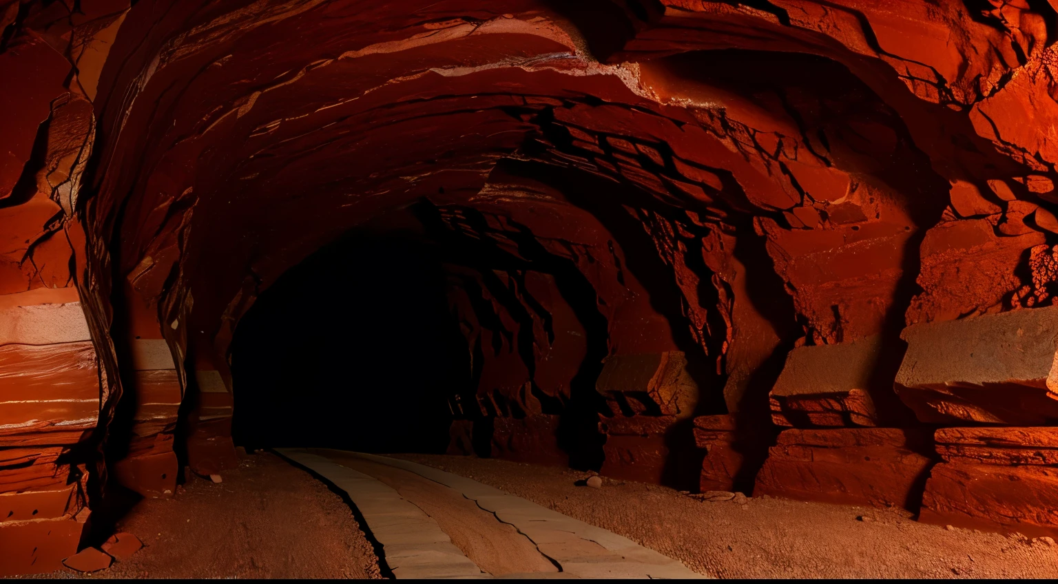 passage in a cave, mine tunnel with red rock walls, 4k hdr, lens 28mm