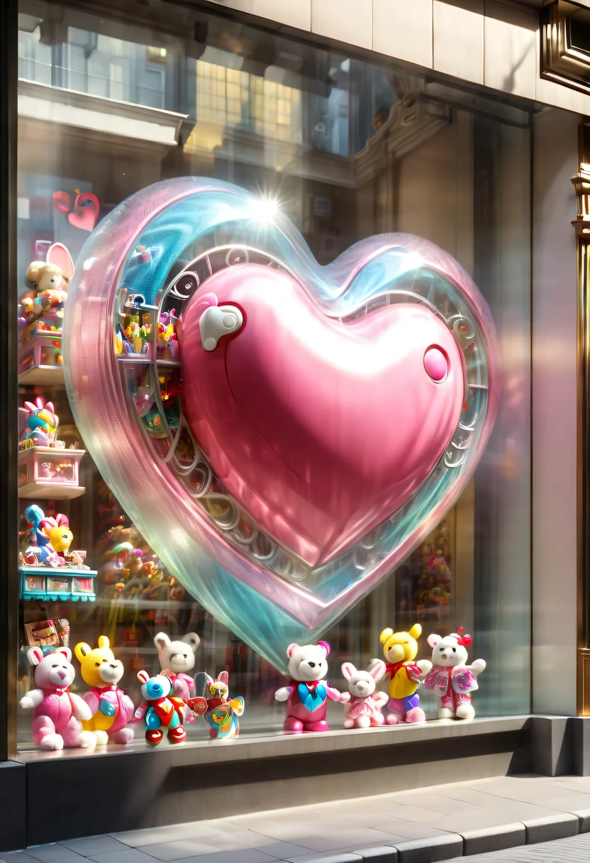 (looking from the outside,on the street看,through glass:1.5),hyper detailed masterpiece, Dynamic, good quality,big pink heart, (toy store window:1.5),魔法toy store window,beautiful design,Nice decoration,display toys,looking from the outside,on the street