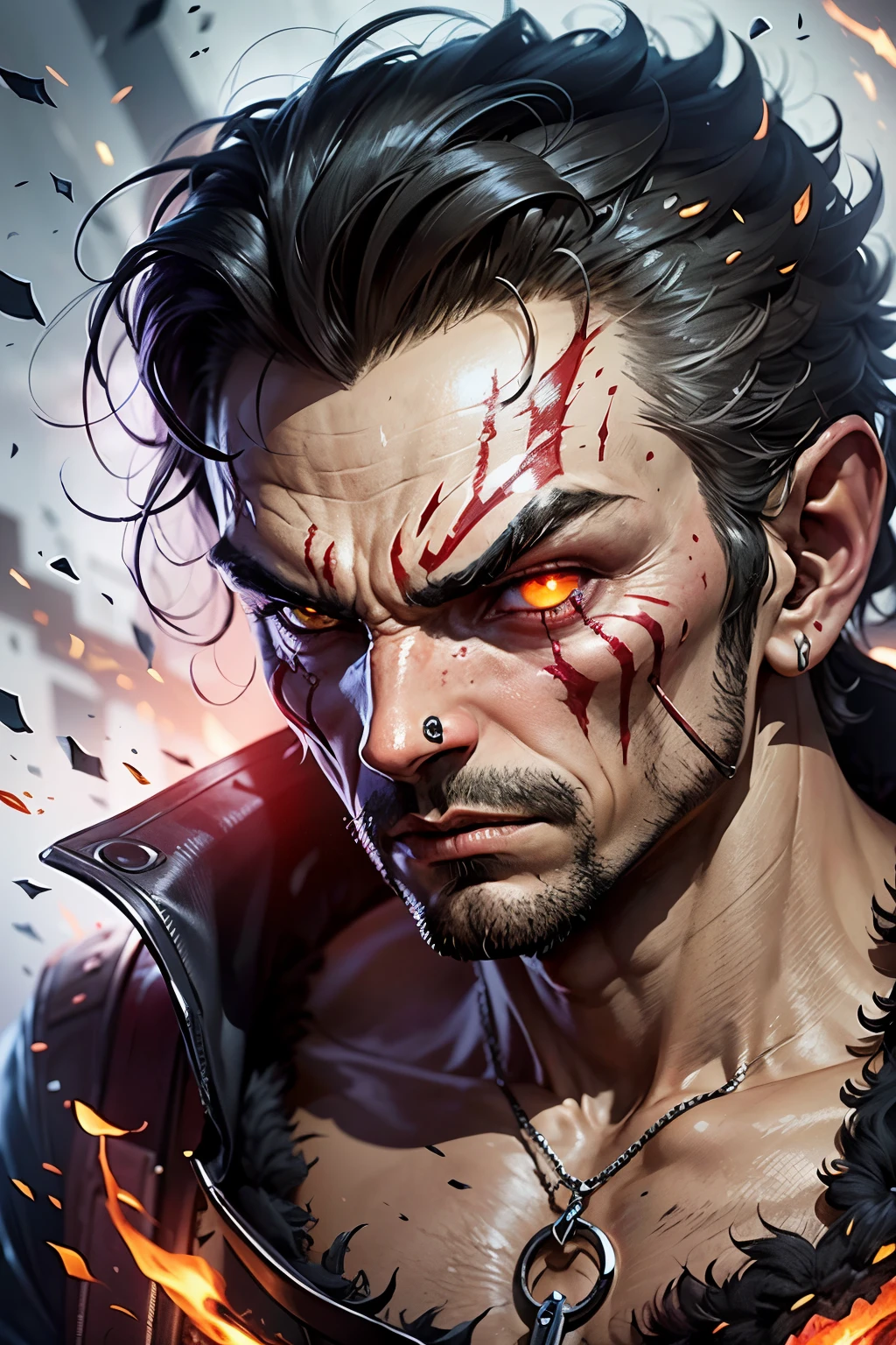 masterpiece, Best quality, A high resolution, fantasy, adult man person thin, shows sharp fangs, brunette with short hair and shaved temples, with scars on the body and face, with yellow eyes with a vertical pupil, with a goatee, but without a mustache