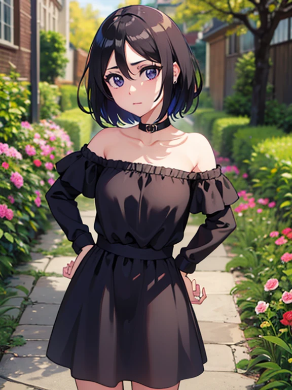 anime screencap, garden background, outside, sunny day, 1 girl, solo, hand on hip, short hair, black hair, purple eyes, black dress, Ruffle Off-the-Shoulder Top, Off-the-Shoulder Dress, Strapless black Dress, bare arms, longer skirt, bare shoulders, looking at viewer, hair between eyes, cowboy shot, lovely legs, facing viewer.