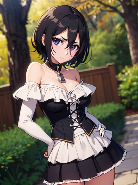 anime screencap, garden background, outside, sunny day, 1 girl, solo, hand on hip, short hair, black hair, purple eyes, black dress, Ruffle Off-the-Shoulder Top, Off-the-Shoulder Dress, Strapless black Dress, bare arms, longer skirt, bare shoulders, looking at viewer, hair between eyes, cowboy shot, lovely legs, facing viewer.