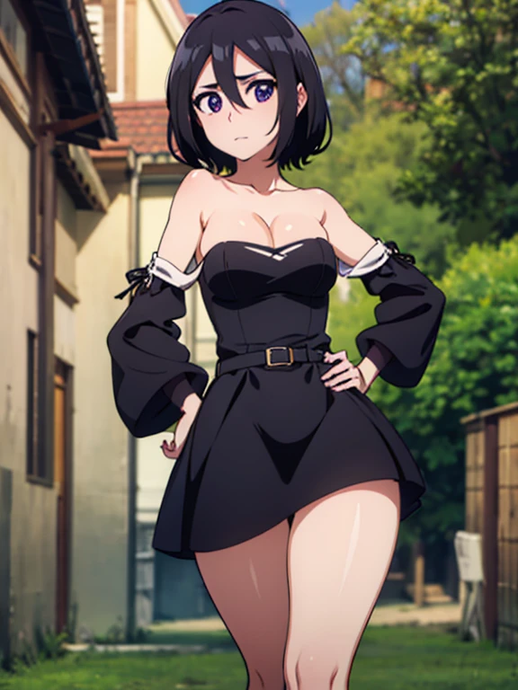 anime screencap, garden background, outside, sunny day, 1 girl, solo, hand on hip, short hair, black hair, purple eyes, black dress, Ruffle Off-the-Shoulder Top, Off-the-Shoulder Dress, Strapless black Dress, bare arms, longer skirt, bare shoulders, looking at viewer, hair between eyes, cowboy shot, lovely legs, facing viewer.