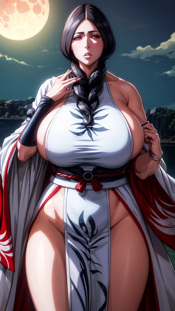 Unohana,solo, blood, red eyes,moon,night,japanese clothes,haori, thick thighs, outstanding details, big breasts,beach, parted lips, beautiful, massive breasts, massive ass, massive thighs