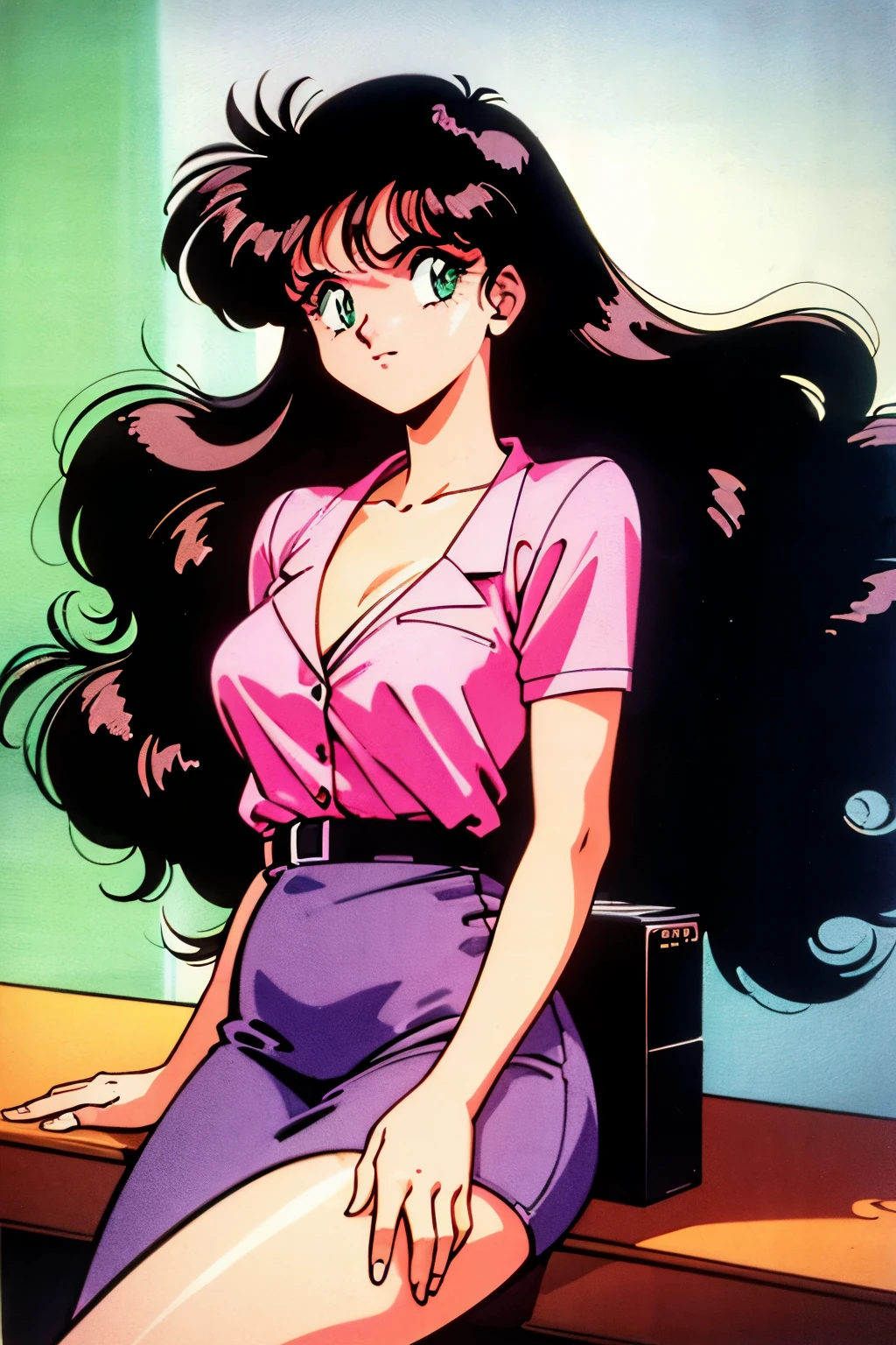 1990s (style), 1980s (style), retro artstyle, a girl, long black hair, green eyes, mean face, wavy hair, dressed in a suit, in an office, best quality, masterpiece.