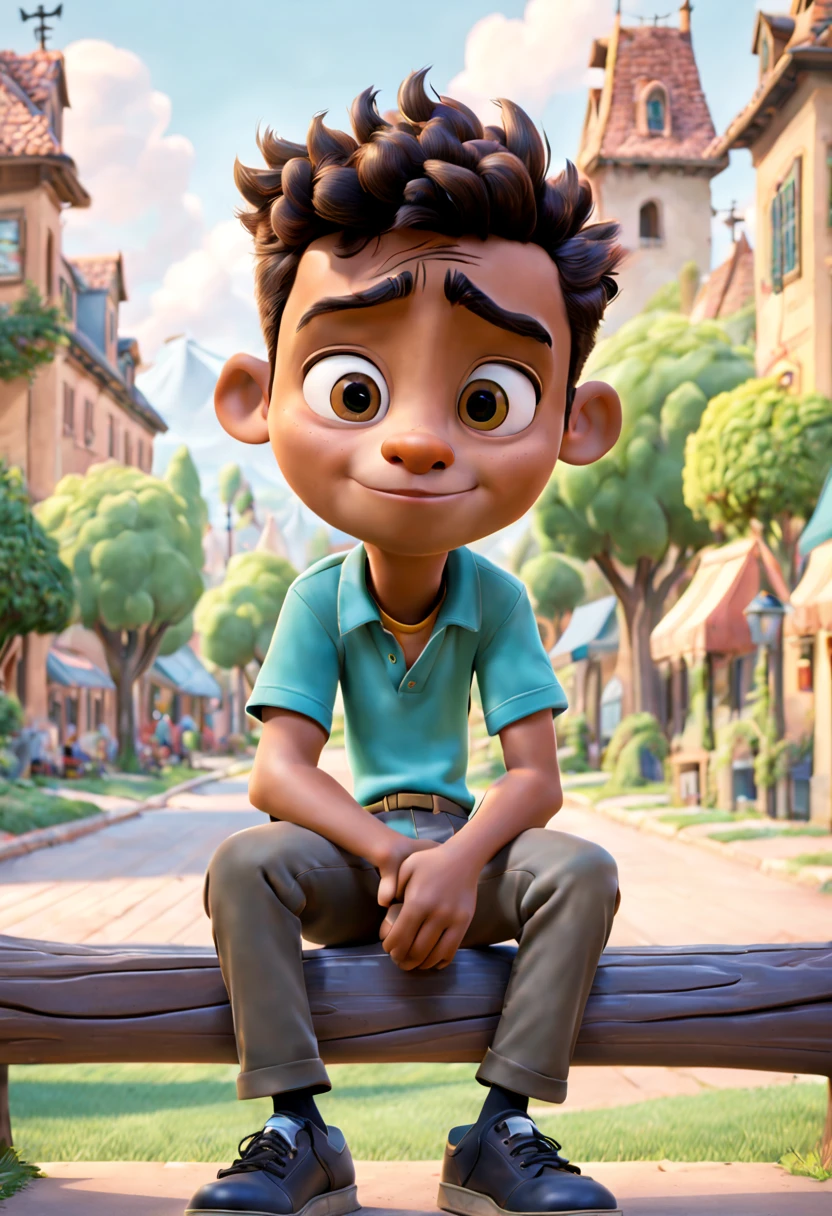 miguel sitted in the park town, disney cartoon style, picture from a pixar movie