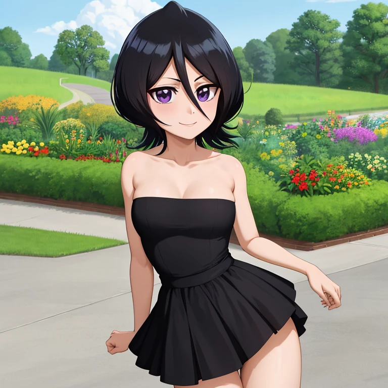 anime screencap, garden background, outside, sunny day, 1 girl, solo, hand on hip, short hair, black hair, purple eyes, black dress, strapless tube dress, smile, bare arms, bare shoulders, looking at viewer, hair between eyes, cowboy shot, lovely legs, facing viewer.