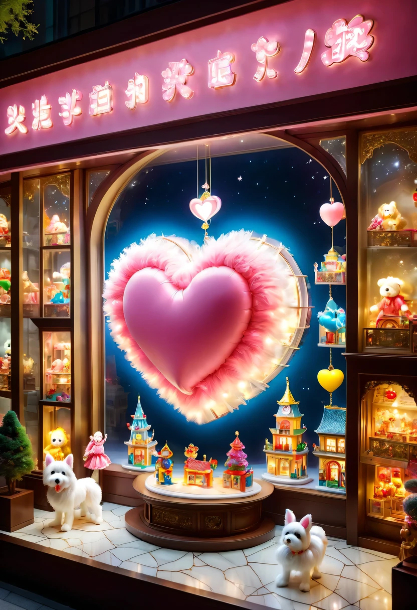 looking from the outside,Look down the street,prominent display window,Bright lights can be seen through the windows。Various cute toys are displayed in the window,Detailed doll、Colorful building blocks、Colorful and diverse plush toys and sparkling electronic toys。Each toy exhibits unique features and design examples, Super realistic dog model、Mobile robots and modified cars。among other things,The most eye-catching one the big pink heart-shaped model,Exuding warmth and romance。The entire window display beautifully decorated,Walls and floors are made of high quality marble,Beautifully carved white wood for display tables and shelves,Demonstrate high quality and sophistication。Showcase lighting effect excellent,second hand soft、warm light,Make every exhibit dazzling。looking from the outside去,The entire toy store window like a window into a magical world,Attracted many passery to stop and watch,and are attracted to stores by them。The overall atmosphere full of fairy tale magic and joy,bring joy and joy to people。This picture very vivid and detailed,bright colors,It gives a feeling of vitality、Full of childlike feeling。
