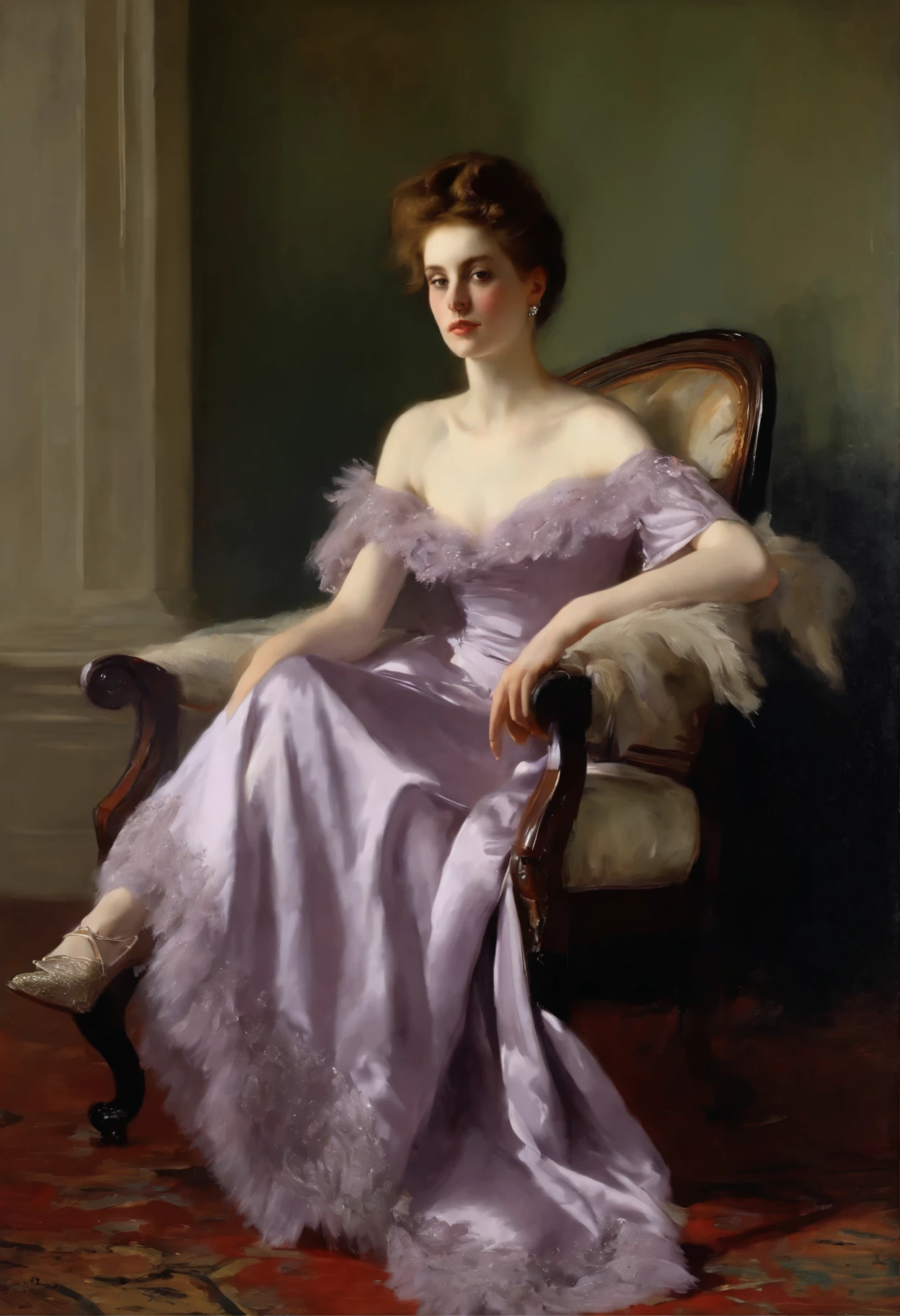(best quality, Masterpiece:1,ung pretty girl in a pale purple dress on a luxurious armchair((style by John-Singer-Sargent)), (oil painting), Detailed illustration, very colorful, grotesque, Intricate details, tempering, (aesthetics), excitement, hyper-realistic, insanely detailed