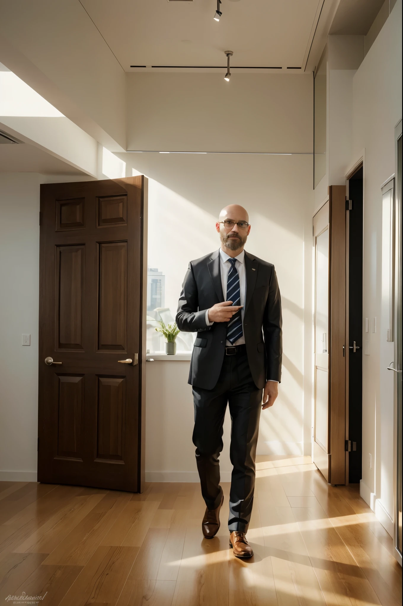 (best quality,highres,masterpiece:1.2),ultra-detailed,realistic:1.37,a male in his 40s with beard,bald,using glasses,dressed in a formal suit,in a professional office setting,confident expression,standing straight,shiny leather shoes,striped tie,holding a pen and a notepad,with a laptop on the desk,modern glass windows in the background,contemporary interior design,soft natural lighting,vivid colors,portrait style,subtle shadows,colorful artwork on the walls,digital clock showing the time,spacious and clean workspace.