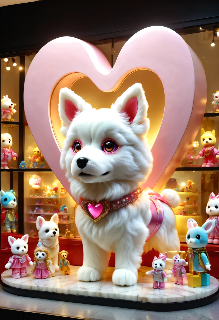 looking from the outside,Look down the street,prominent display window,Bright lights can be seen through the windows。Various cute toys are displayed in the window,Detailed doll、Colorful building blocks、Colorful and diverse plush toys and sparkling electronic toys。Each toy exhibits unique features and design examples, Super realistic dog model、Mobile robots and modified cars。among other things,The most eye-catching one the big pink heart-shaped model,Exuding warmth and romance。The entire window display beautifully decorated,Walls and floors are made of high quality marble,Beautifully carved white wood for display tables and shelves,Demonstrate high quality and sophistication。Showcase lighting effect excellent,second hand soft、warm light,Make every exhibit dazzling。looking from the outside去,The entire toy store window like a window into a magical world,Attracted many passery to stop and watch,and are attracted to stores by them。The overall atmosphere full of fairy tale magic and joy,bring joy and joy to people。This picture very vivid and detailed,bright colors,It gives a feeling of vitality、Full of childlike feeling。
