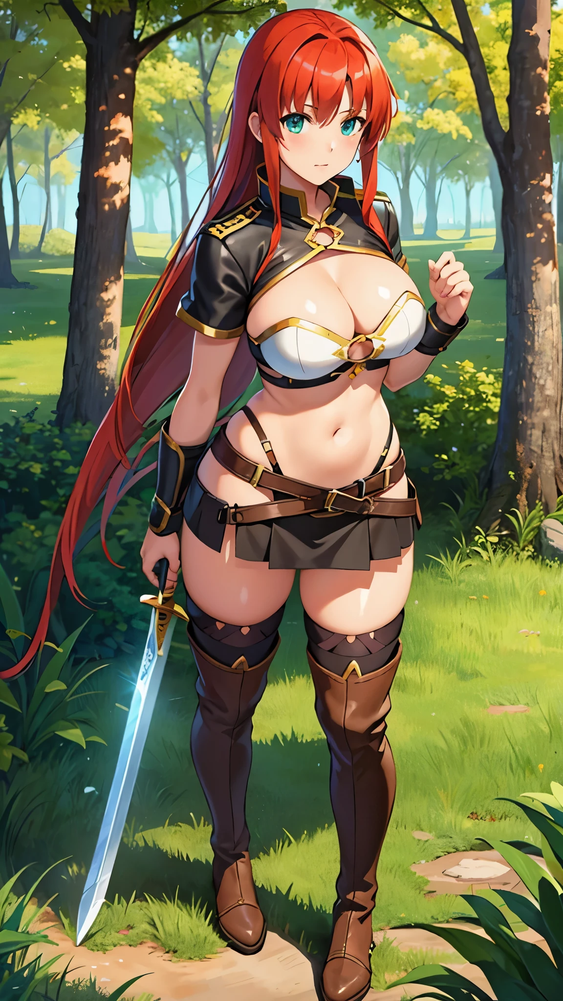 best quality, highly detailed, game cg, unity, 8k, wallpaper, solo focus, illustration, boudica (fate), forest, huge sword, cleavage, leather top, leather skirt, thigh boots