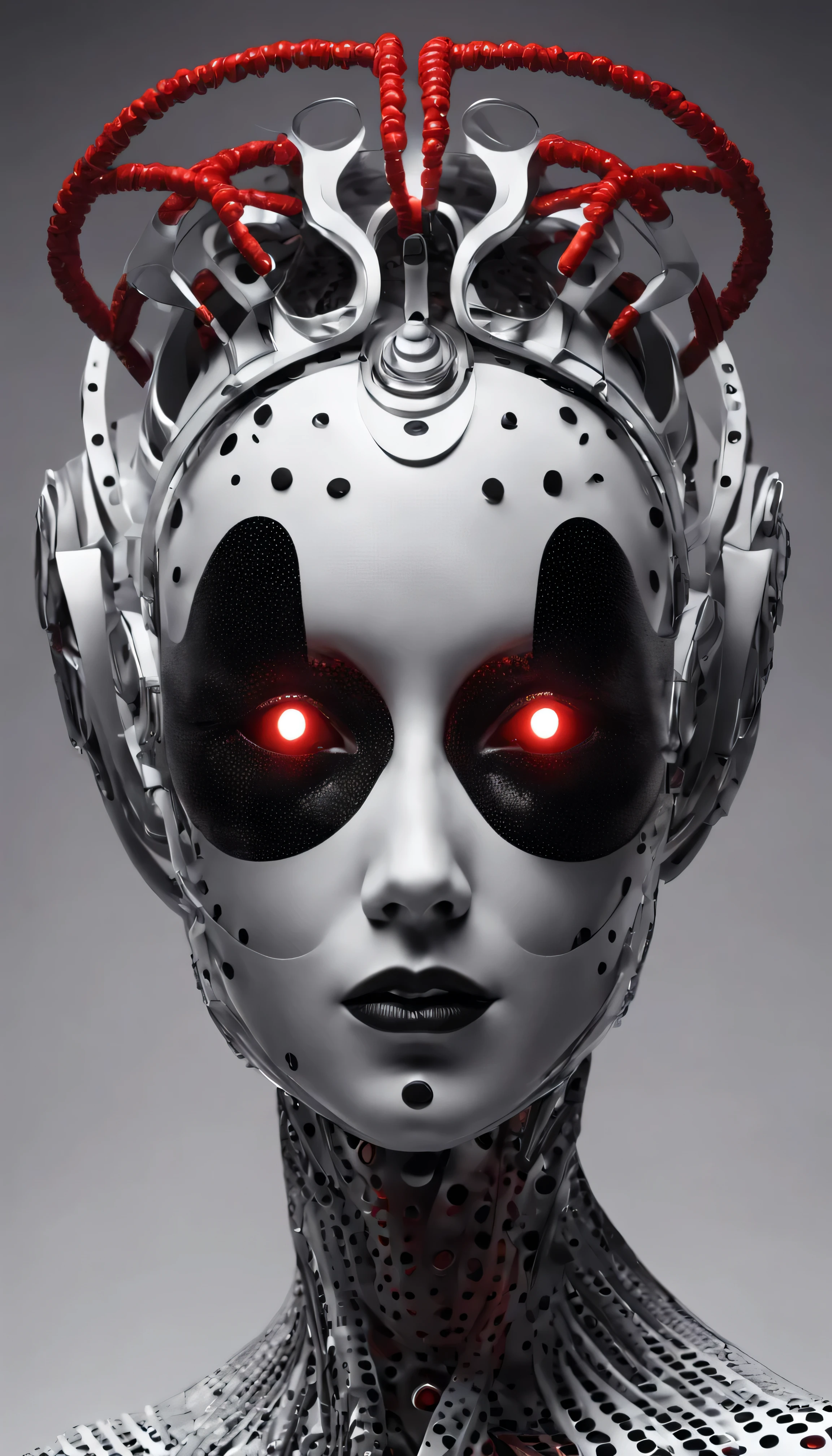 a woman wears and wears black dots on her head, in the style of futuristic fantasy, 3d, metallic sculpture, elegant, emotive faces, dark white and red and light silver, algorithmic artistry, high resolution