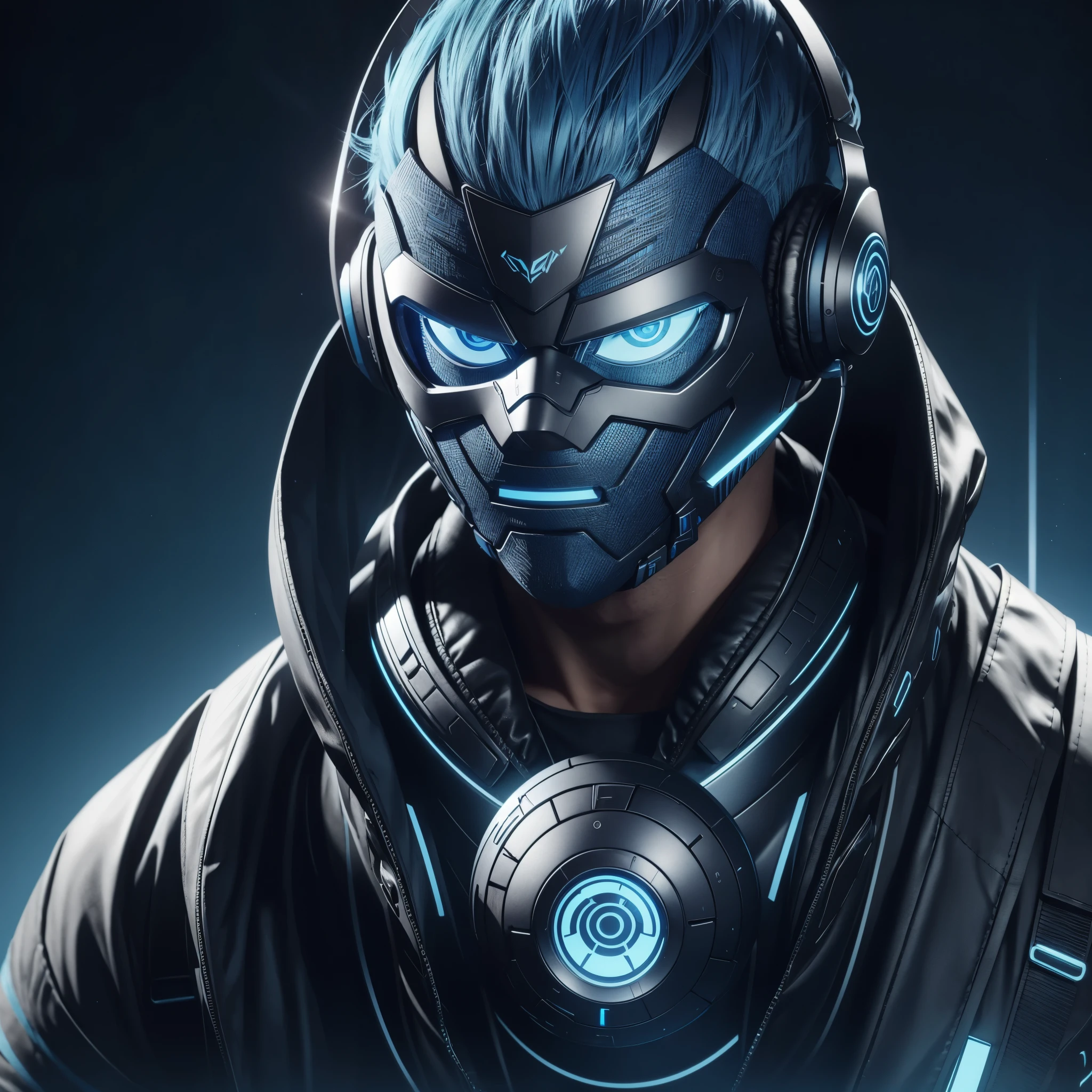 a man with blue hair, blue eyes, futuristic vibes, mask on mouth, headphones, 8k, high quality, background, glowing eyes, nice pose