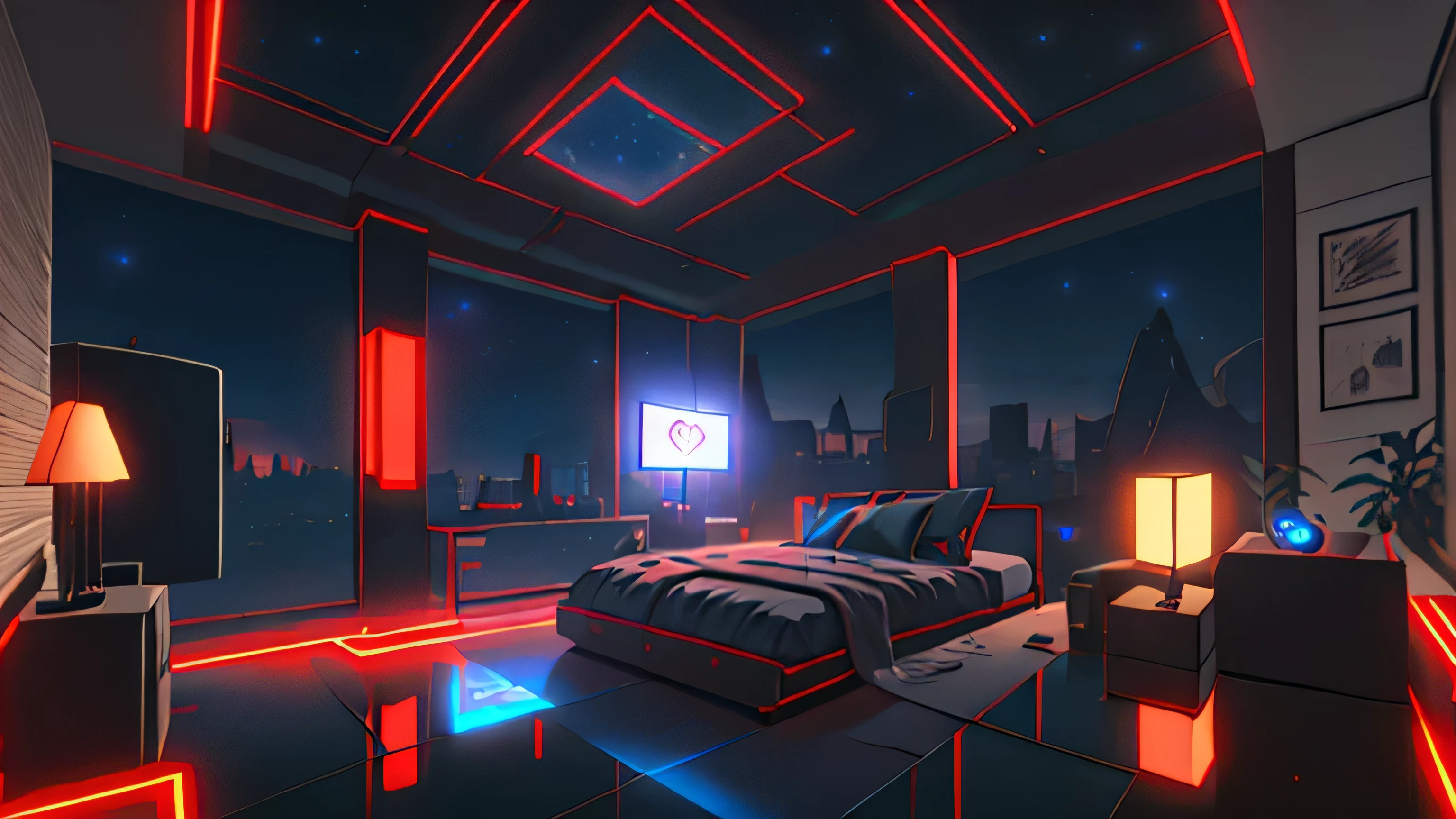 Warm Light Source Cyberpunk Calm Night Tech Bedroom Computer Desk Microphone Light Computer Water Dispenser Small Fluorescent Starry Sky Smooth Floor Red Fox Deconstructivism Fragmentation Gorgeous Sculptures Floor-to-ceiling windows Lightweight Bed Camera Chair Game Interface Crimson Dark Environment Ambilight