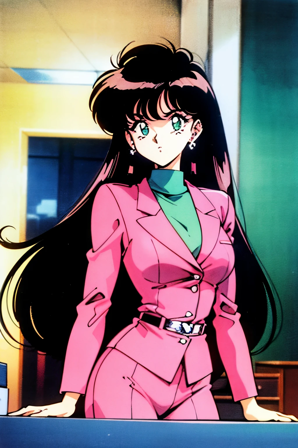 1990s (style), 1980s (style), retro artstyle, a girl, long black hair, green eyes, mean face, wavy hair, dressed in a suit, in an office, best quality, masterpiece.