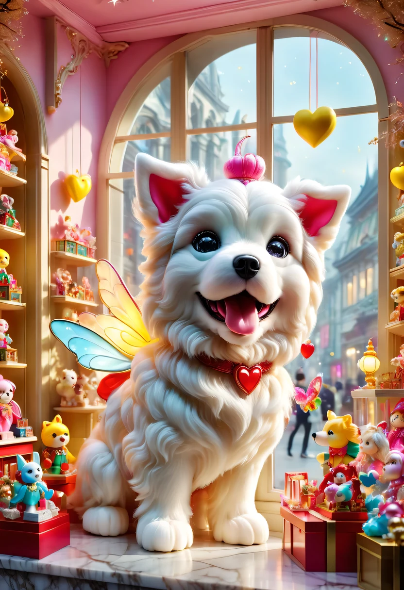 prominent display window,Bright lights can be seen through the windows。Various cute toys are displayed in the window,Detailed doll、Colorful building blocks、Colorful and diverse plush toys and sparkling electronic toys。Each toy exhibits unique features and design examples, Super realistic dog model、Mobile robots and modified cars。among other things,The most eye-catching one the big pink heart-shaped model,Exuding warmth and romance。The entire window display beautifully decorated,Walls and floors are made of high quality marble,Beautifully carved white wood for display tables and shelves,Demonstrate high quality and sophistication。Showcase lighting effect excellent,second hand soft、warm light,Make every exhibit dazzling。looking from the outside,The entire toy store window like a window into a magical world,Attracted many passery to stop and watch,and are attracted to stores by them。The overall atmosphere full of fairy tale magic and joy,bring joy and joy to people。This picture very vivid and detailed,bright colors,It gives a feeling of vitality、Full of childlike feeling。