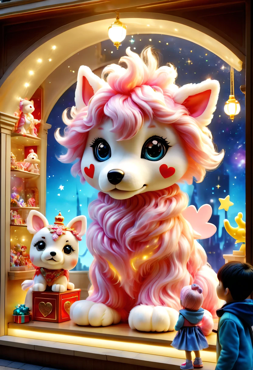 prominent display window,Bright lights can be seen through the windows。Various cute toys are displayed in the window,Detailed doll、Colorful building blocks、Colorful and diverse plush toys and sparkling electronic toys。Each toy exhibits unique features and design examples, Super realistic dog model、Mobile robots and modified cars。among other things,The most eye-catching one the big pink heart-shaped model,Exuding warmth and romance。The entire window display beautifully decorated,Walls and floors are made of high quality marble,Beautifully carved white wood for display tables and shelves,Demonstrate high quality and sophistication。Showcase lighting effect excellent,second hand soft、warm light,Make every exhibit dazzling。looking from the outside,The entire toy store window like a window into a magical world,Attracted many passery to stop and watch,and are attracted to stores by them。The overall atmosphere full of fairy tale magic and joy,bring joy and joy to people。This picture very vivid and detailed,bright colors,It gives a feeling of vitality、Full of childlike feeling。