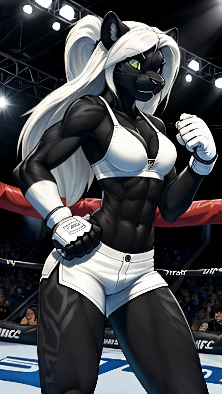 masterpiece, Best quality, Black Panther, Slim physique, weak, long hair, in a white bra, in white shorts, in white UFC gloves, Standing in the UFC ring