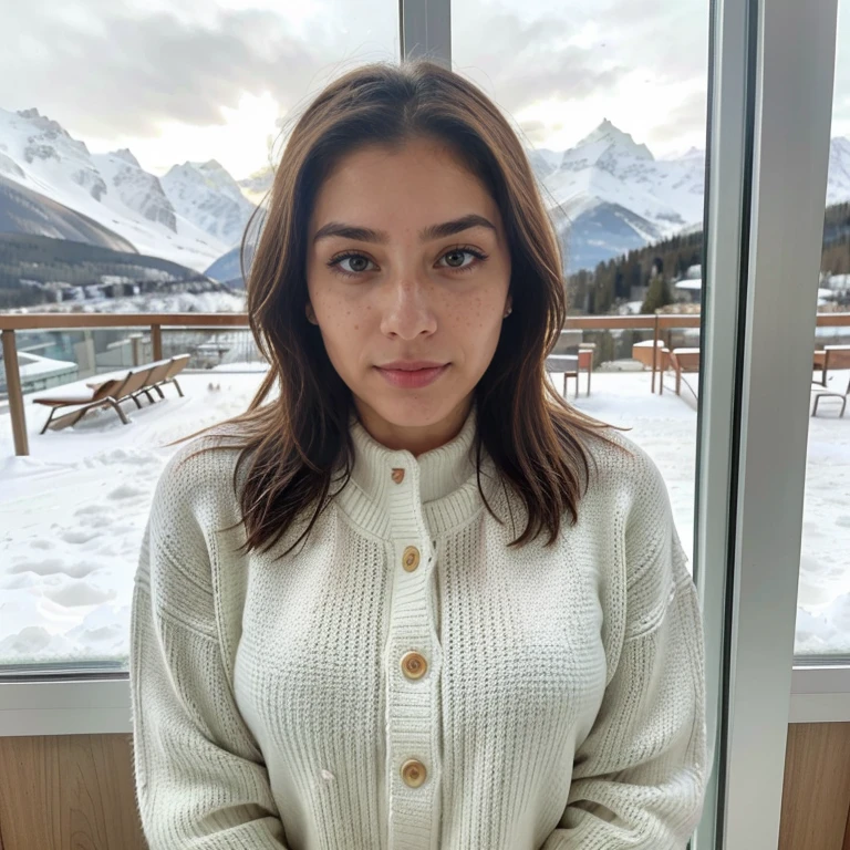 23-year-old hyper-realistic Latin girl with freckles, selfie de humor para instagram, Ultra Definition, (photoreallistic: 1.4), 8k, Calidad Premier, Fondos detallados, cara delicada, Maquillaje natural, foto RAW, iPhone, HDR, Coqueteando con el espectador, wearing only a luxurious sweater, sentado frente a una gran ventana a la vista de la nieve de Saint Moritz, en un hotel de lujo, wearing only a luxurious sweater, sentado frente a una gran ventana a la vista de la nieve de Saint Moritz, en un hotel de lujo