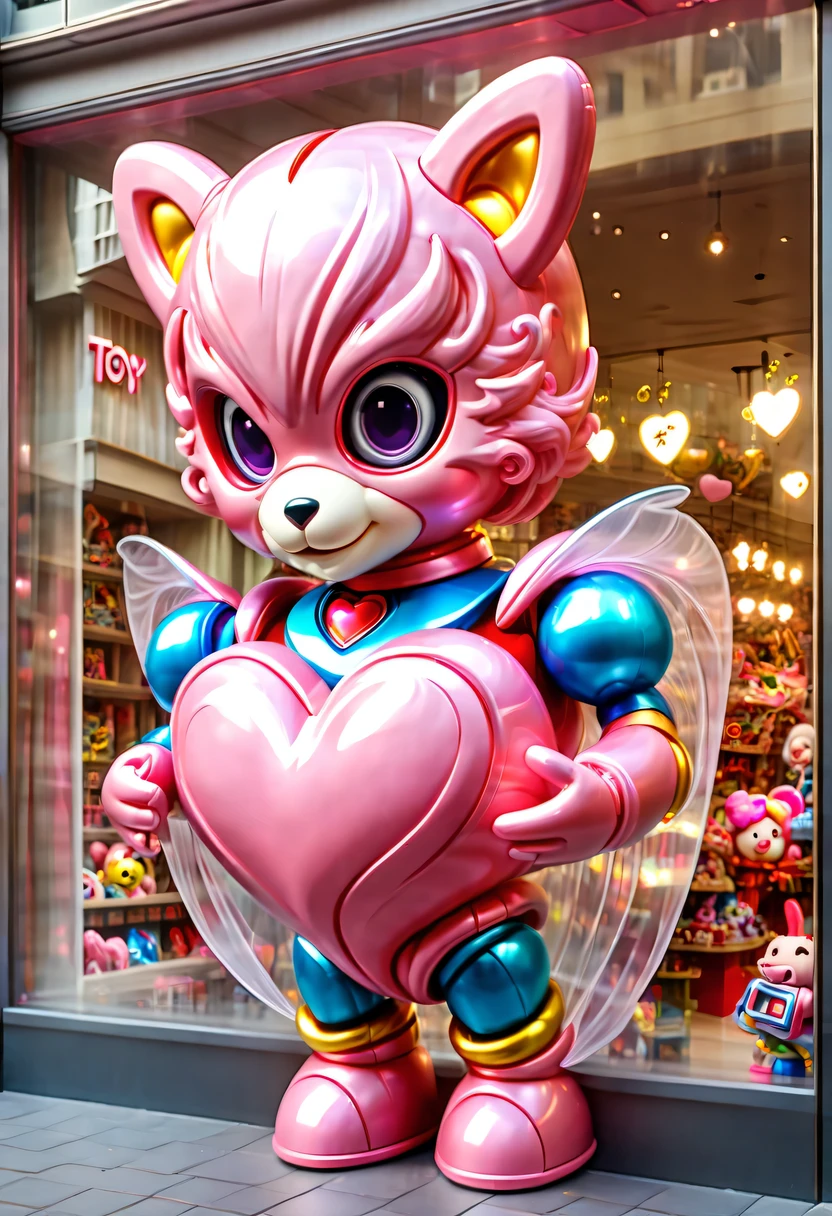 hyper detailed masterpiece, Dynamic, good quality,big pink heart, (toy store window:1.5),魔法toy store window,beautiful design,Nice decoration,display toys,looking from the outside,on the street
