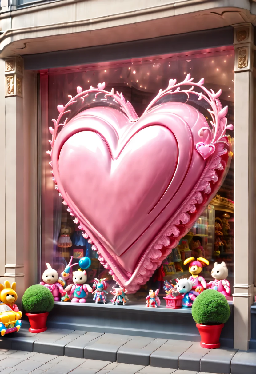 hyper detailed masterpiece, Dynamic, good quality,big pink heart, (toy store window:1.5),魔法toy store window，beautiful design，Nice decoration，display toys，looking from the outside，on the street