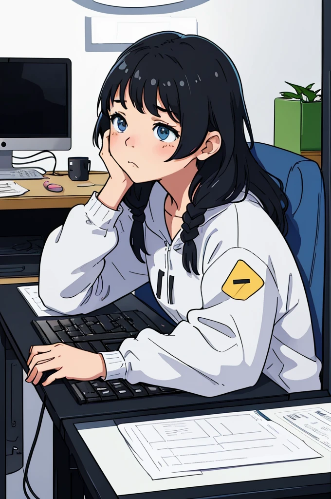 girl sitting in front of the computer in a simple environment with her hand on her head. on the computer screen, the YouTube symbol... the person is disappointed and sad