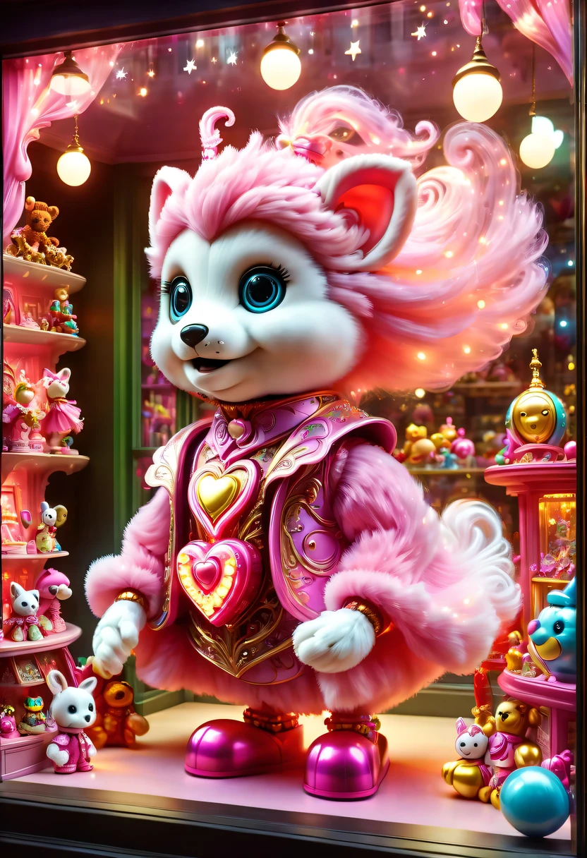 Topic prompts "A detailed masterpiece of a Magical toy store display" possible:

"(best quality,4K,8k,high resolution,masterpiece:1.2), Dynamic, Energetic, big pink heart, (toy store window:1.5), Magical toy store display, Beautiful design, Beautifully decorated, display toys, Mesmerizing visual experience, whimsical atmosphere, Captivating lighting effects, Magical atmosphere, textures true to reality, intricate details, bright colors, Playful and happy atmosphere, eye-catching, Complex processes, Well designed toys, interactive elements, magical surprise, eye-catching安排, Tempting and immersive, Fascinating display, Decorated with charming decoration, creative arrangement, animated toys, Lively and bustling, nostalgic appeal, Every corner  a delight, Visually stunning, Appealing to both children and adults, Create a sense of wonder and awe, A delightful discovery at every glance, Magical stories told through toys."

Please output the prompt of the generated Stable Diffusion。

Notice：
- Do not add quotation marks for each tag in the prompt("")。
- Please do not output any explanation、Instructions or additional description。
- The number of words should be within 60。
- Use English half-width commas between tags","separate。