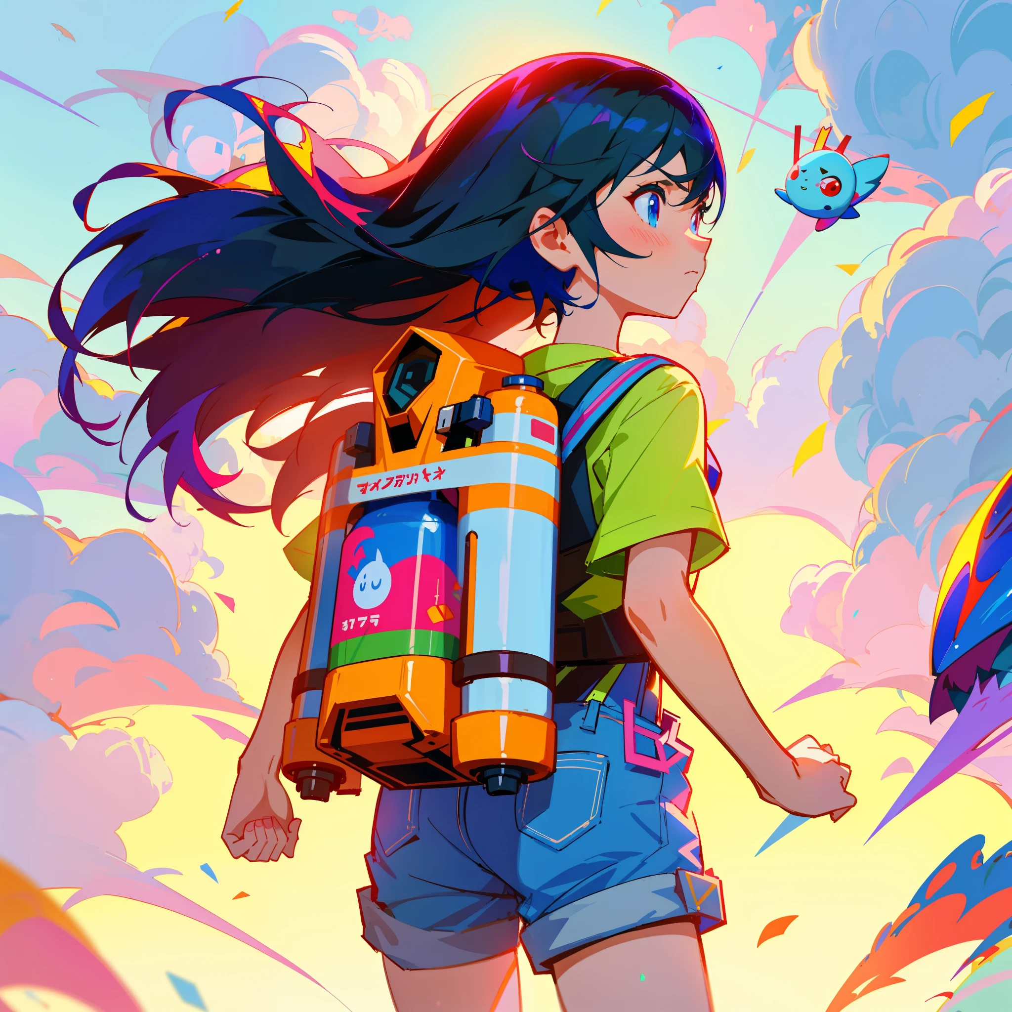 loli,anime girl with Jetpack and water bottles in the sky,short overalls, serious face, artgerm and atey ghailan, wojtek fus, atey ghailan 8 k, by Ryan Yee, ross tran 8 k, rossdraws cartoon vibrant, by Ni Yuanlu, by Jason Chan, rhads and lois van baarle, a beautiful artwork illustration, childrens art in artstation