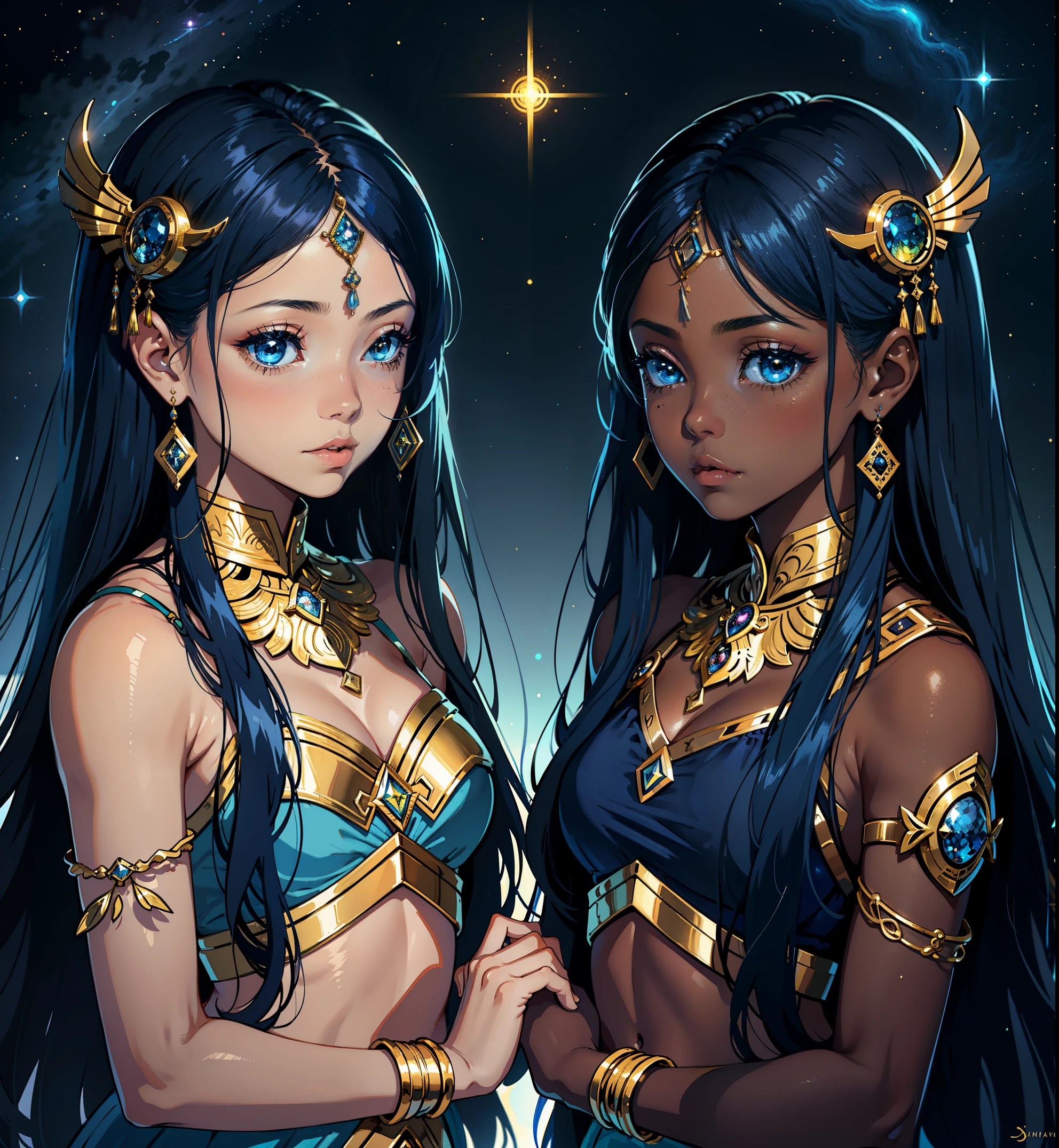 adesivo, fundo simples, portrait, 2 girls with dark skin, twin sisters, with long hair, beautiful zodiac girl, zodiac aesthetic, Gemini ♊️ beautiful girl, very beautiful fantasy art, beautiful and elegant female celestial, beautiful detailed fantasy, gold and blue color palate, blue color-theme