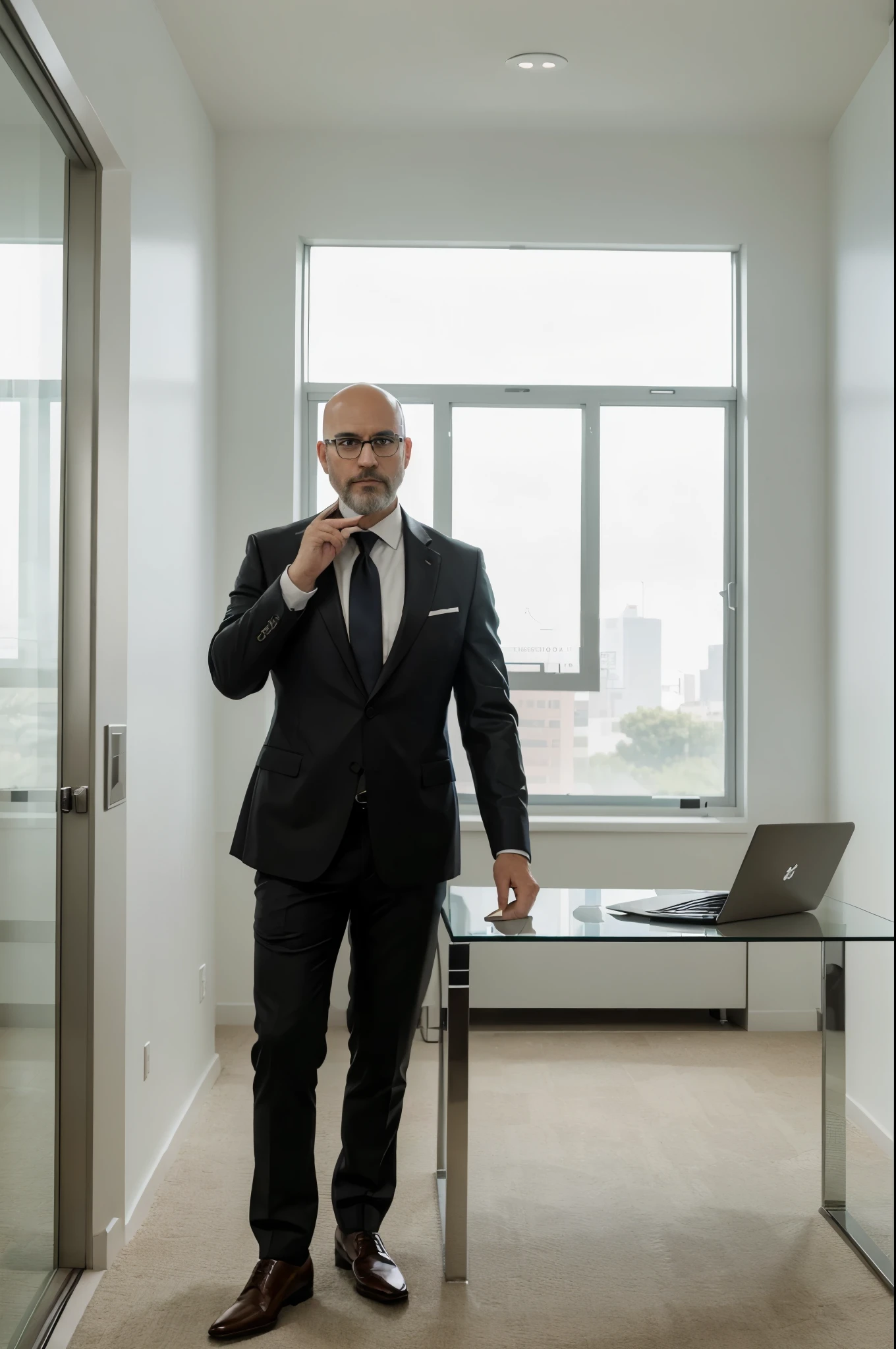 (best quality,highres,masterpiece:1.2),ultra-detailed,realistic:1.37,a male in his 40s with beard,bald,using glasses,dressed in a formal suit,in a professional office setting,confident expression,standing straight,shiny leather shoes,striped tie,holding a pen and a notepad,with a laptop on the desk,modern glass windows in the background,contemporary interior design,soft natural lighting,vivid colors,portrait style,subtle shadows,colorful artwork on the walls,digital clock showing the time,spacious and clean workspace.