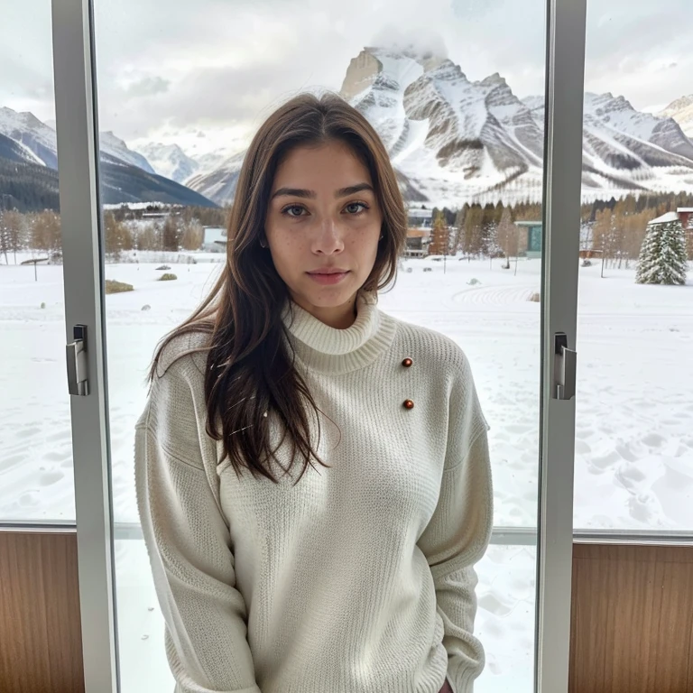 23-year-old hyper-realistic Latin girl with freckles, selfie de humor para instagram, Ultra Definition, (photoreallistic: 1.4), 8k, Calidad Premier, Fondos detallados, cara delicada, Maquillaje natural, foto RAW, iPhone, HDR, Coqueteando con el espectador, wearing only a luxurious sweater, sentado frente a una gran ventana a la vista de la nieve de Saint Moritz, en un hotel de lujo, wearing only a luxurious sweater, sentado frente a una gran ventana a la vista de la nieve de Saint Moritz, en un hotel de lujo