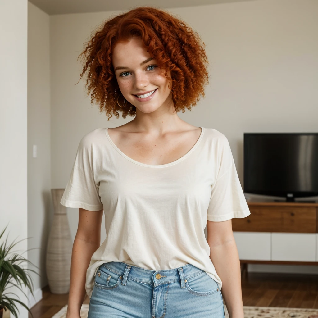 One young woman with curly red hair, green eyes and freckles on her cheeks. She is wearing a plain white T-shirt and classic jeans. She stands in a relaxed position with a smile on her face. It is located in a large living room decorated in a classic style. The light is soft, daylight.