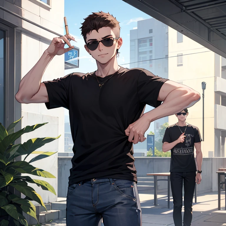 A 21 year old college student boy, brown shaved head ,pale red lenses sunglasses, blue sharp eyes, wears a black T-shirt and white pants, smoking a cigarette, fearless smile, stared down from him, holding the cigarette in his thumb and index finger, standing up and folding his arms in front of his breast 