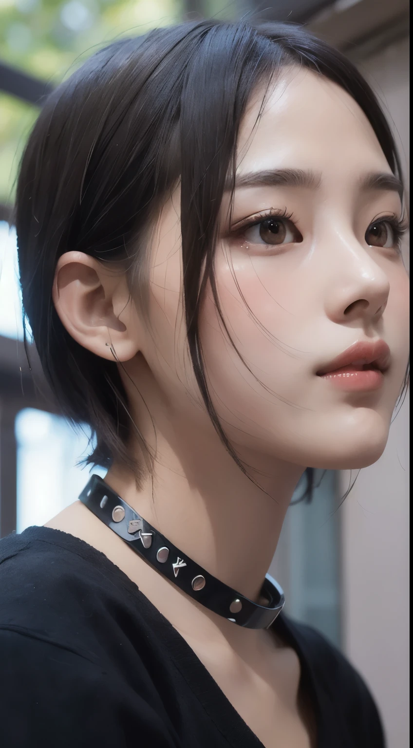 realistic, table top, highest quality, RAW photo, 1 girl, alone, Handsome shorthair, detailed face, fascinating face, Black shirt with collar, medium breasts, dynamic pose, looking at the viewer, from below, detailed background, Detailed, intricate details, ray tracing, Depth of bounds written, low key, nffsw