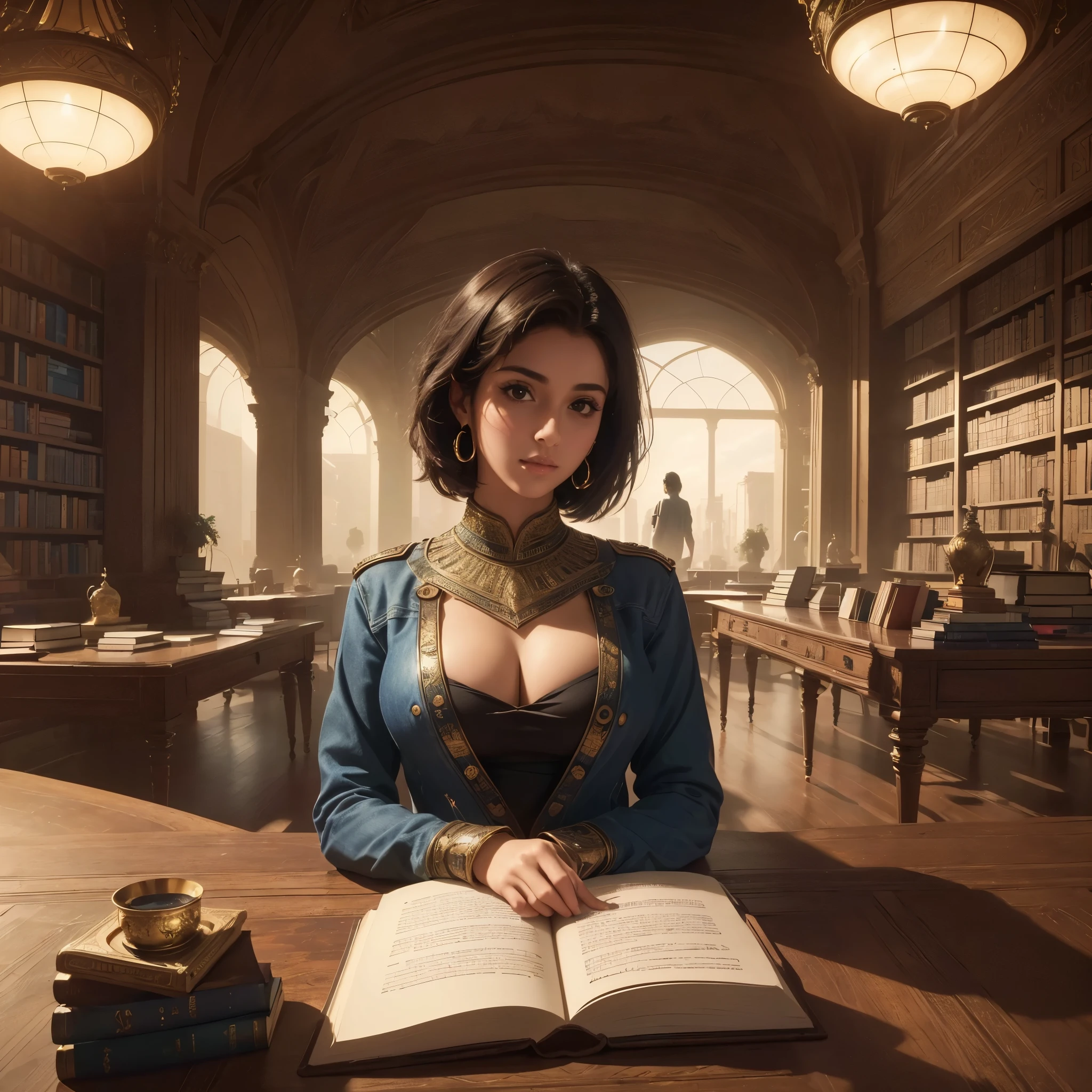 (best quality,4k,8k,highres,masterpiece:1.2),ultra-detailed, giant futuristic library with thousands of books. Sexy arab female college student in the center of the Library looking over her shoulder at the viewer, short hair, stylish jeans, stylish blouse, sks woman, HDR, 8k, absurdres, cinestill 800, sharp focus