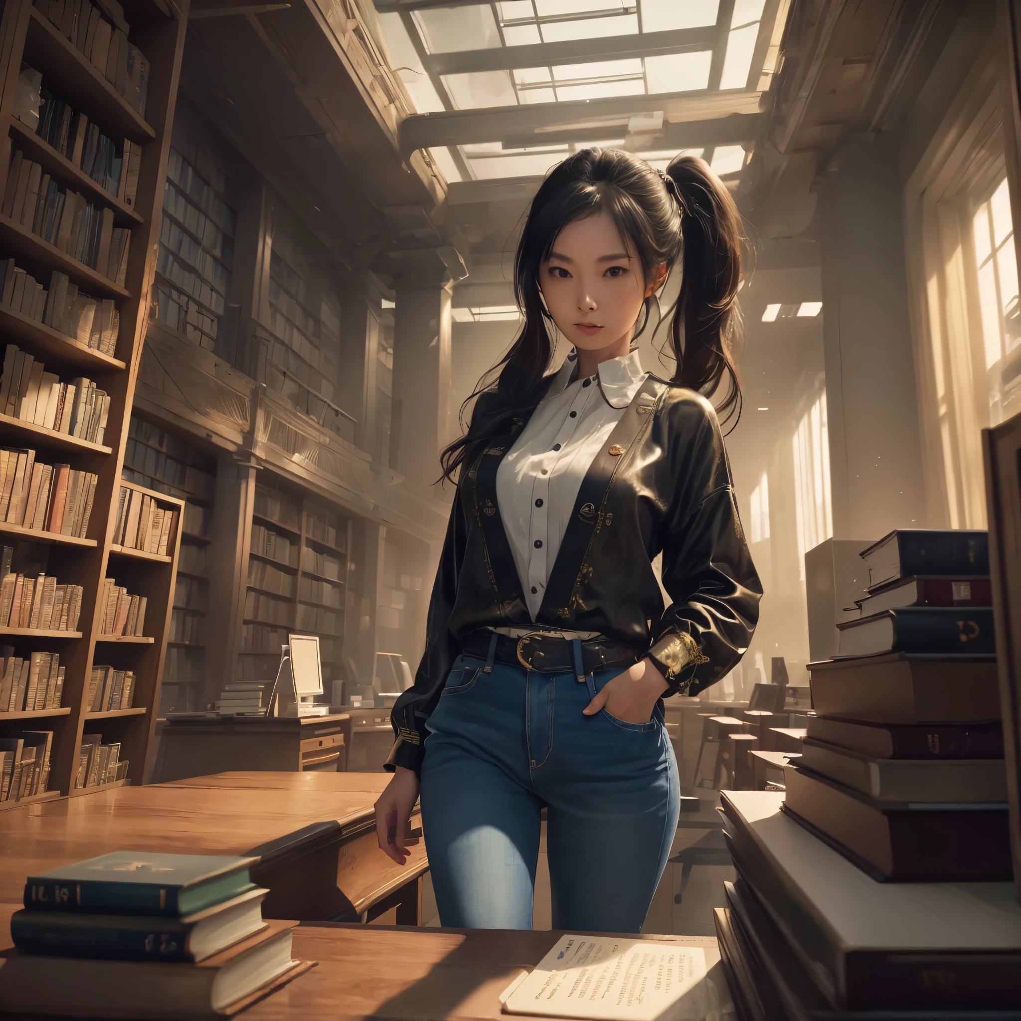 (best quality,4k,8k,highres,masterpiece:1.2),ultra-detailed, giant futuristic library with thousands of books. Sexy japanese female college student in the center of the Library looking over her shoulder at the viewer, stylish jeans, stylish blouse, HDR, 8k, absurdres, cinestill 800, sharp focus