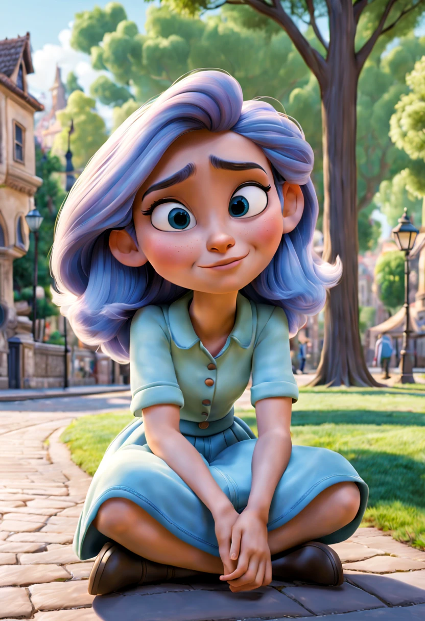 clarisa with peaceful face sitted in the park town, disney cartoon style, picture from a pixar movie